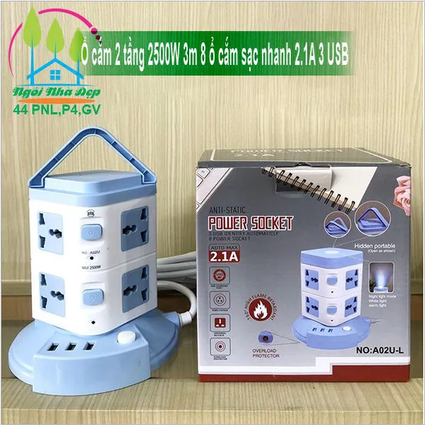 Ổ cắm 2 tầng 2500W 3m 8 ổ cắm sạc nhanh 2.1A 3 USB