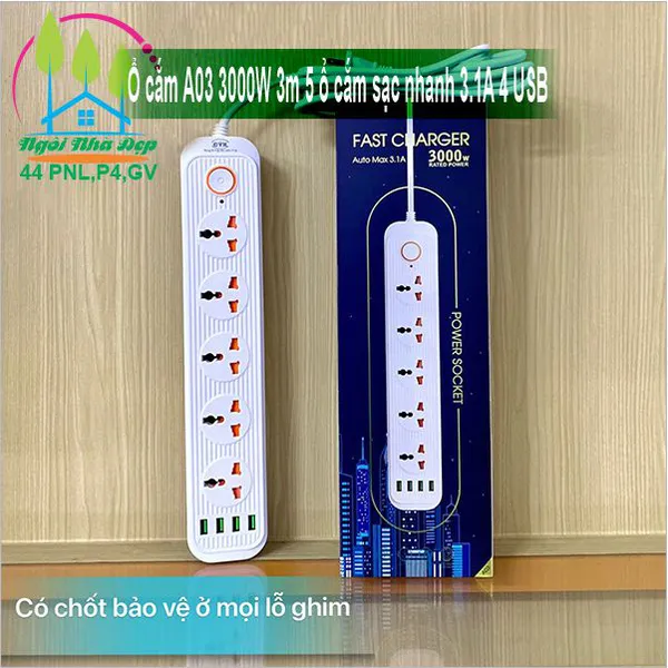 Ổ cắm A03 3000W 3m 5 ổ cắm sạc nhanh 3.1A 4 USB