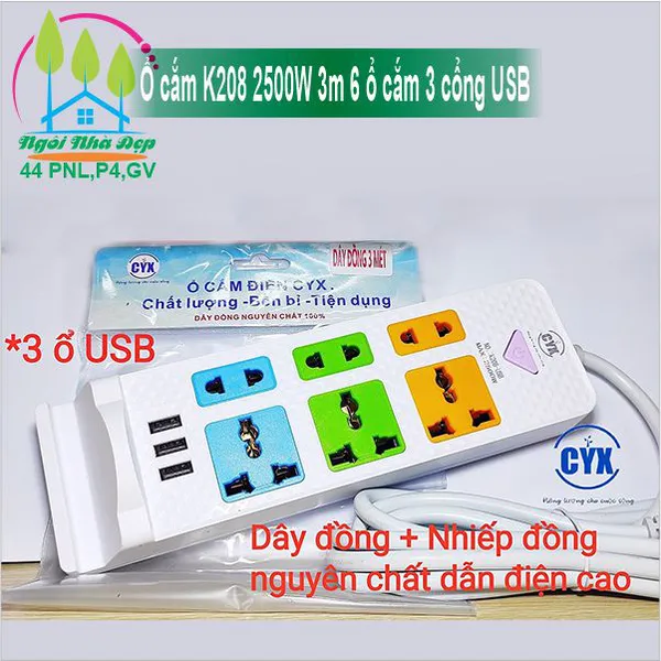 Ổ cắm K208 2500W 3m 6 ổ cắm 3 cổng USB