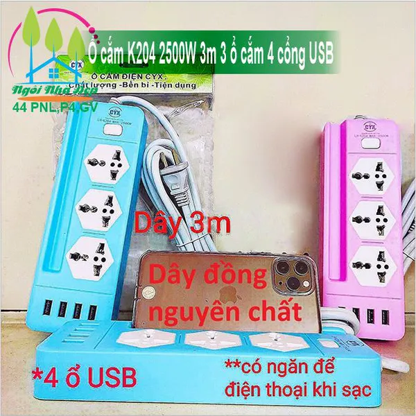 Ổ cắm K204 2500W 3m 3 ổ cắm 4 cổng USB