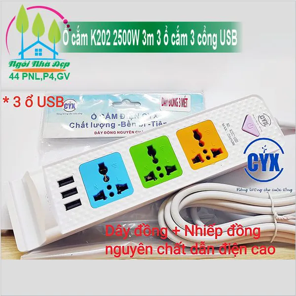 Ổ cắm K202 2500W 3m 3 ổ cắm 3 cổng USB