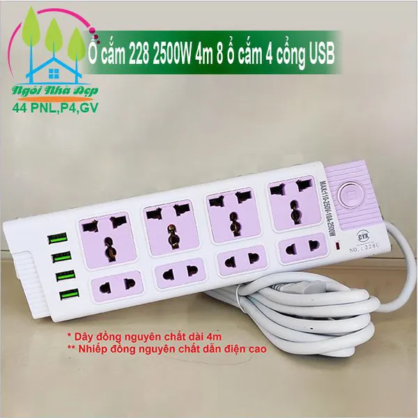 Ổ cắm 228 2500W 4m 8 ổ cắm 4 cổng USB