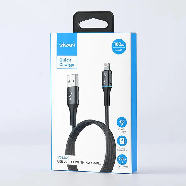 Cáp Sạc Lightning VDL100 Black 2.4A 1m Dây Dù LED đổi màu
