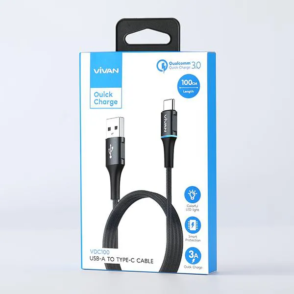Cáp Sạc Type-C VDC100 Black 3A 1m Dây Dù LED đổi màu