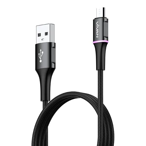 Cáp Sạc Micro USB VDM100 Black 2.4A 1m Dây Dù LED đổi màu
