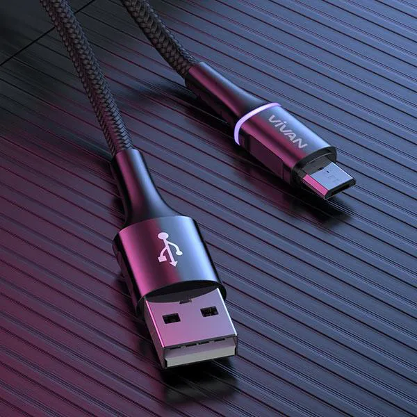 Cáp Sạc Micro USB VDM100 Black 2.4A 1m Dây Dù LED đổi màu