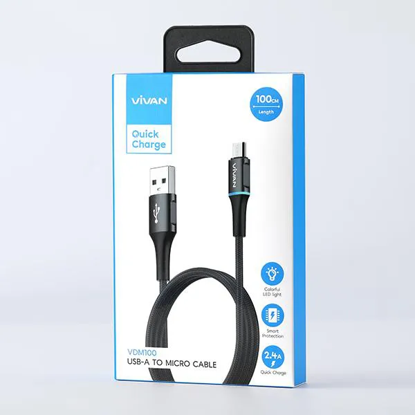 Cáp Sạc Micro USB VDM100 Black 2.4A 1m Dây Dù LED đổi màu