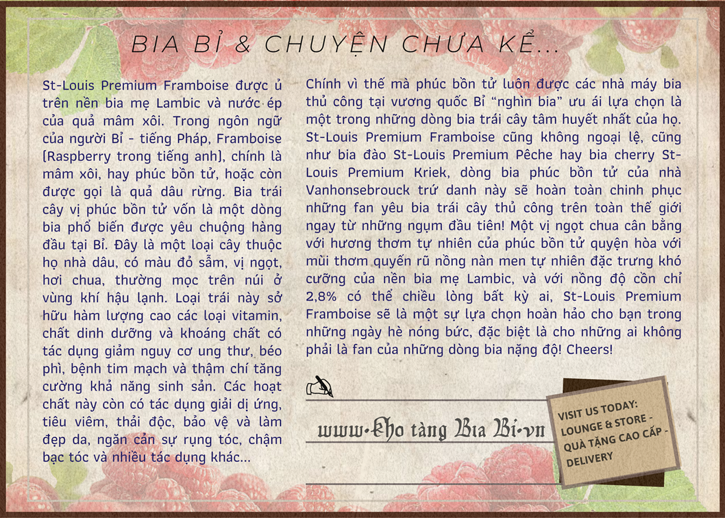 Câu chuyện bia Trái cây St Louis Premium Framboise 2,8% I Bia trái cây vị phúc bồn tử cao cấp từ Bỉ