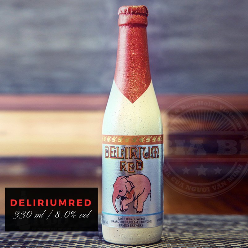 Bia đỏ cherry Bỉ nặng độ 8,0% vol | 330 ml: Bia Bỉ chai sứ Con voi hồng Delirium Red.