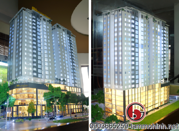 Mô hình kiến trúc với hệ thống chiếu sáng được đầu tư kỹ lưởng tạo ra hiệu ứng ánh sáng rực rỡ cho phần tháp chung cư Mô hình kiến trúc với hệ thống chiếu sáng được đầu tư kỹ lưởng tạo ra hiệu ứng ánh sáng rực rỡ cho phần tháp chung cư
