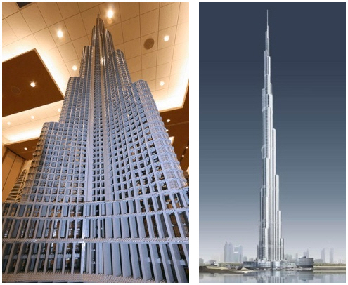 Hình ảnh mô hình kiến trúc lego và hình ảnh thực tế của tháp Buji Khalifa Hình ảnh mô hình kiến trúc lego và hình ảnh thực tế của tháp Buji Khalifa