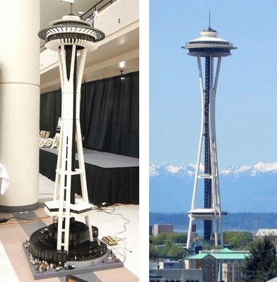 Hình ảnh mô hình kiến trúc lego và hình ảnh thực tế cũa tháp truyền hình thành phố Seattle Hình ảnh mô hình kiến trúc lego và hình ảnh thực tế cũa tháp truyền hình thành phố Seattle
