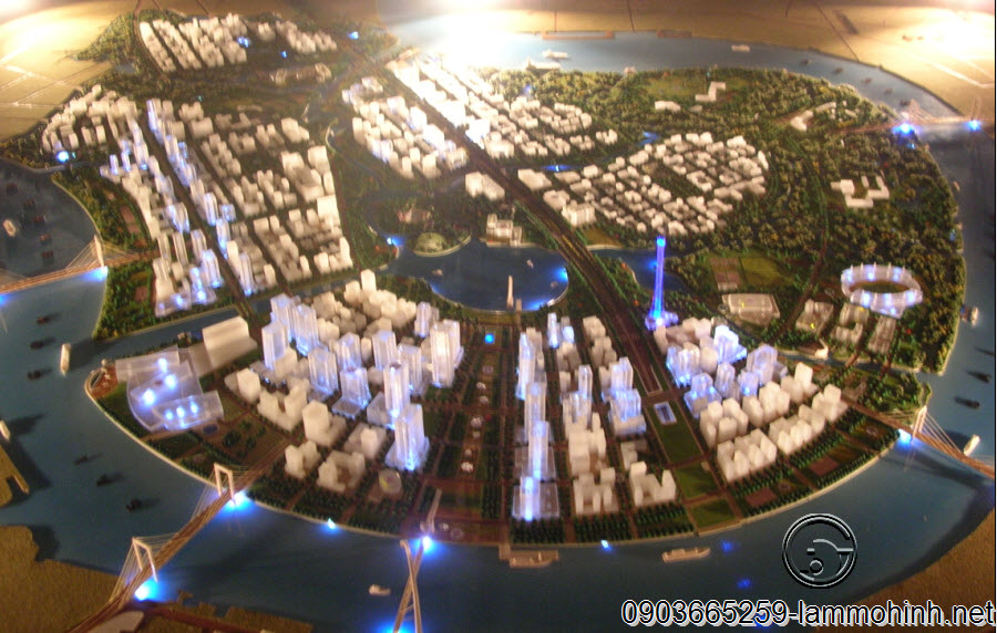 Toàn cảnh mô hình quy hoạch khu đô thị mới Thủ Thiêm nhìn từ hướng quận 1 về đêm Toàn cảnh mô hình quy hoạch khu đô thị mới Thủ Thiêm nhìn từ hướng quận 1 về đêm