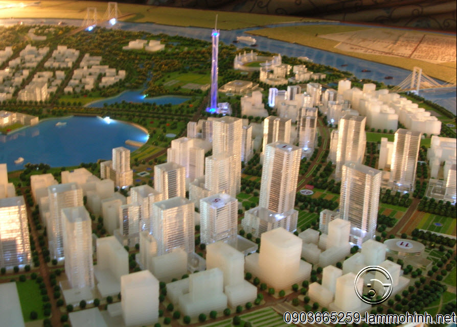 Toàn cảnh khu trung tâm khu đô thị mới Thủ Thiêm với mô hình tháp quan sát ở hậu cảnh Toàn cảnh khu trung tâm khu đô thị mới Thủ Thiêm với mô hình tháp quan sát ở hậu cảnh
