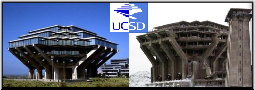 Mô hình kiến trúc của pháo đài tuyết (phải) và công trình thư viện Geisel (trái) được thiết kế dựa trên logo của UCSD Mô hình kiến trúc của pháo đài tuyết (phải) và công trình thư viện Geisel (trái) được thiết kế dựa trên logo của UCSD