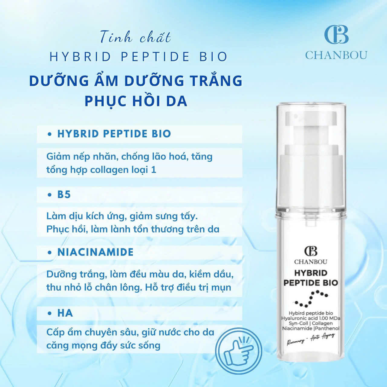 Serum Chanbou phục hồi da sau peel – giảm thâm, cấp ẩm, săn chắc rõ sau 7 ngày Serum Hybrid Peptide Bio Chanbou 002 – phục hồi da tổn thương, cấp ẩm sâu và tăng đàn hồi chỉ sau 7 ngày