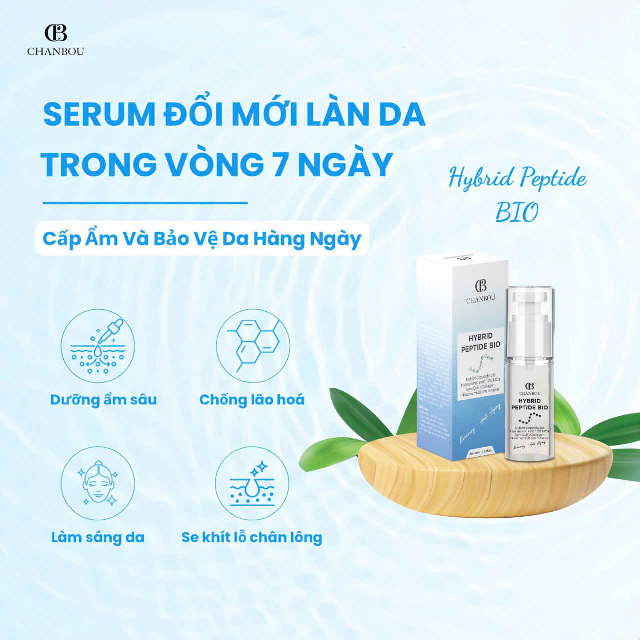Tinh chất Hybrid Peptide Bio Chanbou – phục hồi và cấp ẩm chuyên sâu cho làn da yếu sau peel Serum Hybrid Peptide Bio Chanbou giúp cấp ẩm sâu, phục hồi hàng rào da và làm da căng sáng tự nhiên
