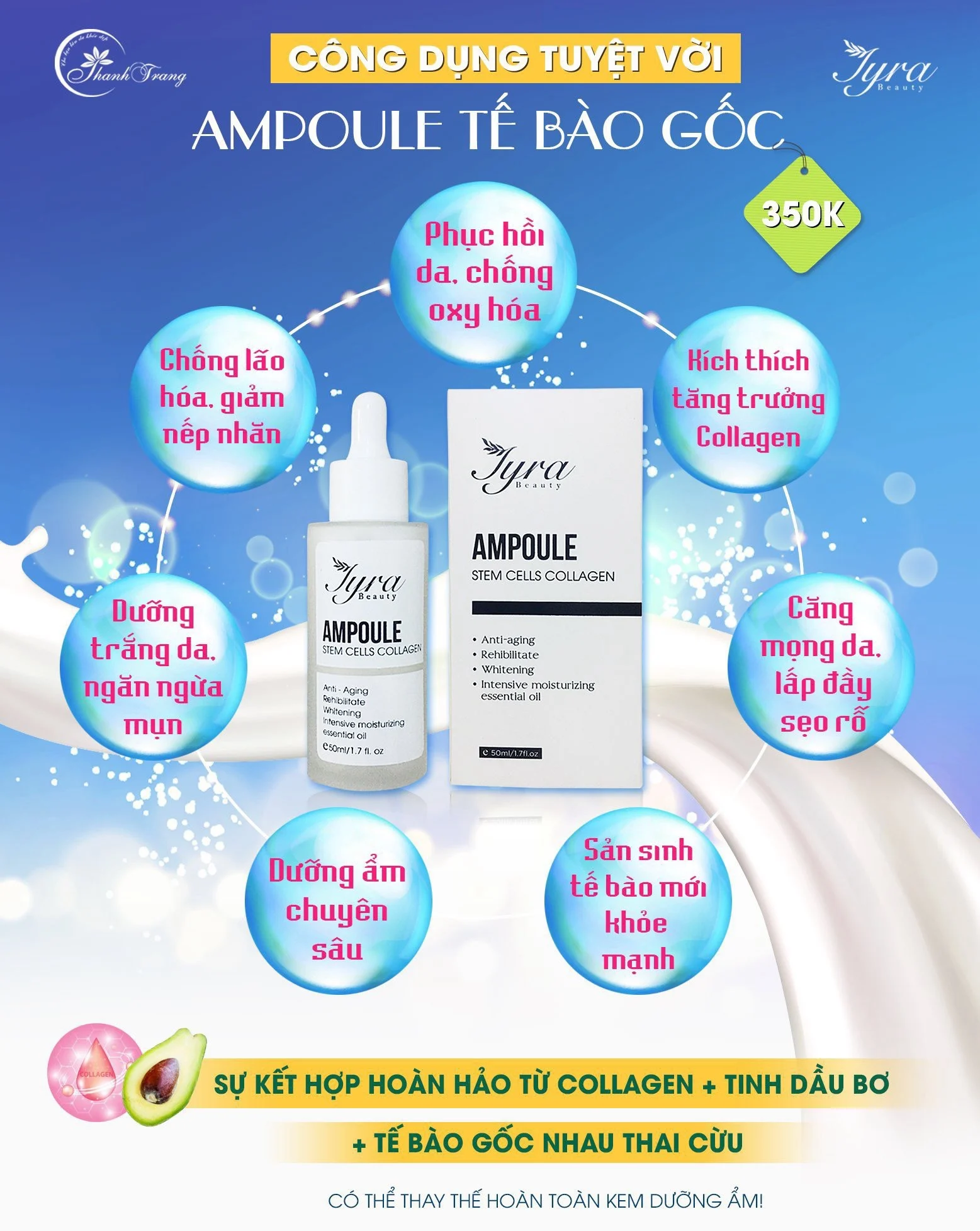 Kết cấu Serum Ampoule Tyra Thanh Trang Kết cấu tinh chất lỏng nhẹ, thẩm thấu nhanh, phù hợp cho làn da cần cấp ẩm và phục hồi.