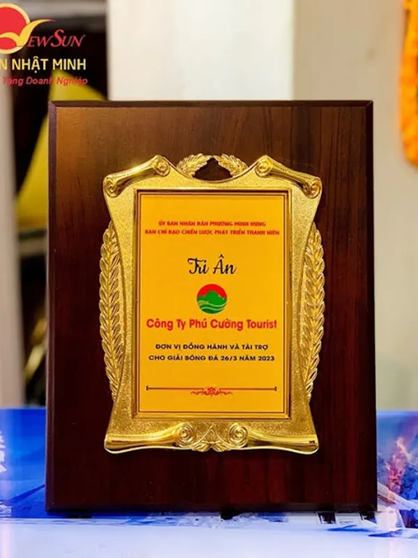 Kỷ niệm chương gỗ, biểu trưng gỗ viền Bông lua, in nền