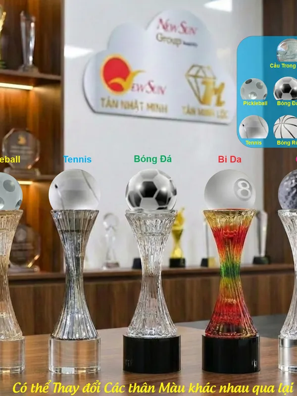 Cúp pha lê vinh danh - Mẫu CÚP THỂ THAO: Bóng đá, Tennis, Pickleball, Golf, Bóng Rổ, Bi da