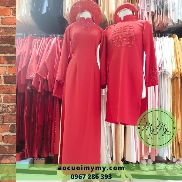 Áo dài đỏ kết chử hỷ - Cho thuê áo dài cưới đà lạt- áo dài My My- Áo dài cặp cô dâu chủ rể- áo dài bê quả - áo dài bà sui - cho thuê áo dài cưới  Gò Vấp