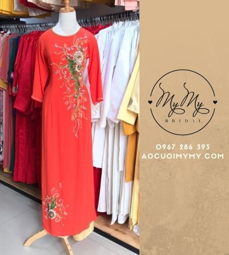 ÁO DÀI SUI GIA MÀU CAM TƯƠI KẾT CƯỜM