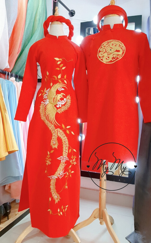 Áo dài cặp Gấm đỏ kết rồng phụng - cho thuê áo dài cặp cô dâu chú rể Gò Vấp Tân Bình Phú Nhuận Bình Thanh