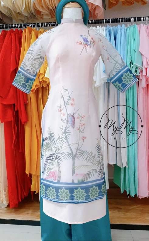 Áo cưới my my Cho thuê áo dài bê quả màu hồng in lụa, áo dài bigsize