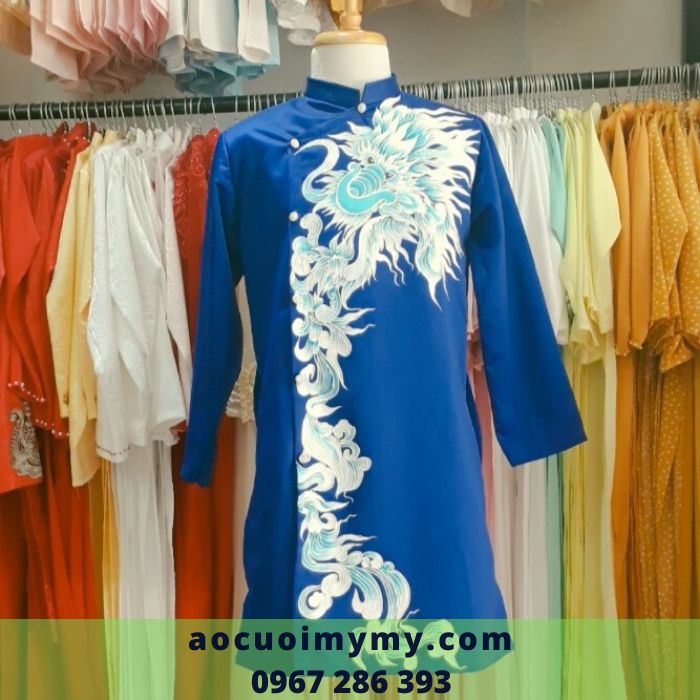 áo dài Nam  cho chú rể phụ xanh dương vẽ tay Rồng