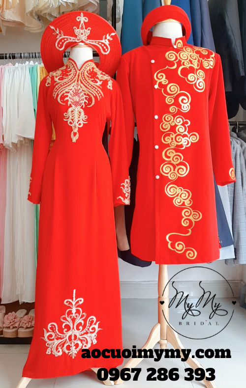áo dài cặp cô dâu chú rể gấm đỏ vẻ 3D - cho thuê áo cưới gò vấp tân bình bình tân hooc môn