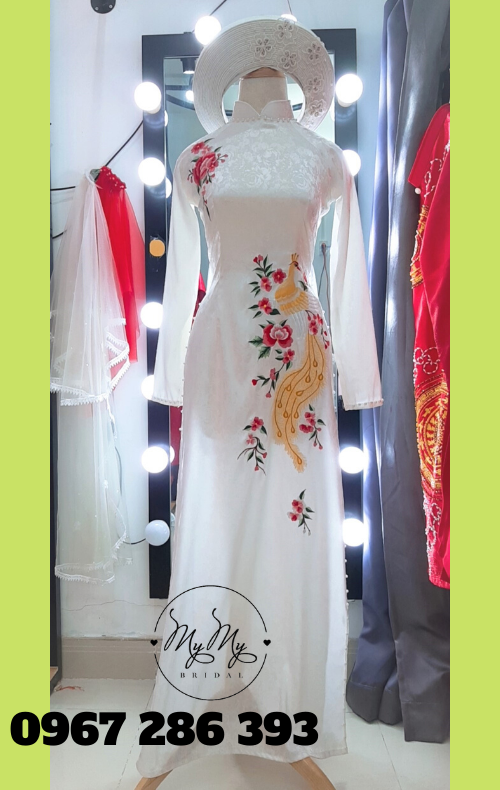 Áo dài cô dâu gấm thêu chim phụng mẫu đơn giản áo cưới my my gò vấp tân bình