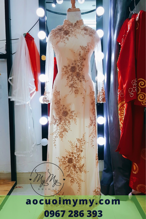 Cho thuê áo dài bà sui áo dài trung niên voan 4 tà kết hoa