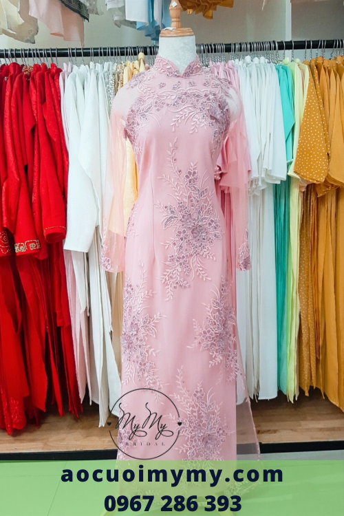 Cho thuê áo dài bà sui voan 4 tà màu tím kết hoa 3d Tân Bình Hồ chí Minh