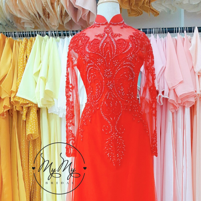 Thêu tay Cho thuê dài áo cưới voan đính kết kim sa áo dài cô dâu giá rẻ Gò Vấp Tân Bình MyMy "Bridal" - "Áo Cưới" My My