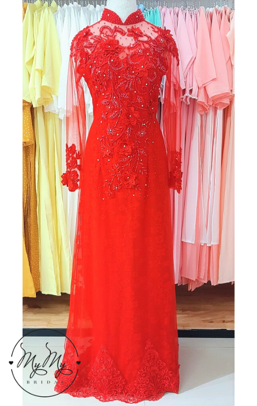 Cho thuê áo dài cô dâu big size kết ren hoa đỏ tinh tế , áo cưới my my cho thuê trang phục cưới giá rẻ size lớn