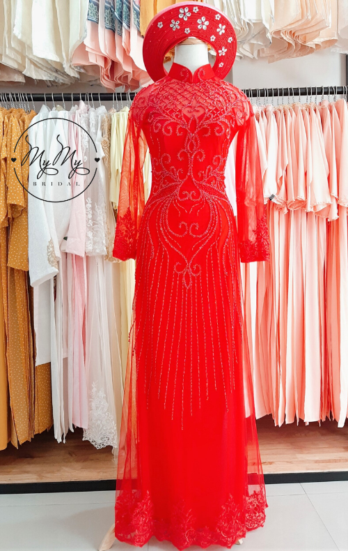 Áo dài cưới big size kết hạt chai đỏ , áo cưới my my