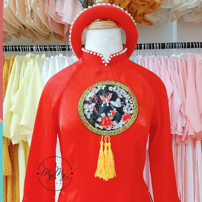 Áo dài bê quả thiết kế truyền thống lụa đỏ , cho thuê áo dài bưng quả hồ chí minh