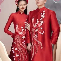 ÁO DÀI CẶP ĐỎ THÊU CHIM PHƯỢNG HOÀNG