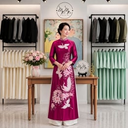 ÁO DÀI BÀ SUI ĐỎ VẼ CHIM HẠC VÀ HOA MẪU ĐƠN