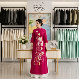 ÁO DÀI BÀ SUI HỒNG HỌA TIẾT ĐẦM SEN