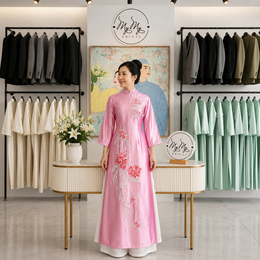 ÁO DÀI BÀ SUI HÒNG THÊU HOA SEN NGHỆ THUẬT