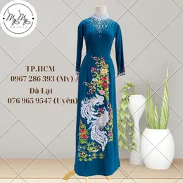 Áo dài bà sui xanh cổ vịt thêu phượng hoàng