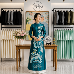 ÁO DÀI BÀ SUI XANH THÊU HOA SEN VÀ THIÊN NGA