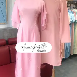 ÁO DÀI CẶP HỒNG TAY KẾT HOA
