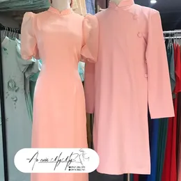 ÁO DÀI BƯNG QUẢ CẶP HỒNG TAY BỒNG