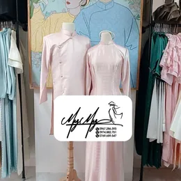 ÁO DÀI BƯNG QUẢ CẶP HỒNG TRUYỀN THỐNG VÂN GỖ