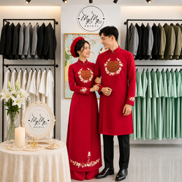 ÁO DÀI CẶP ĐỎ CHỮ HỶ THÊU HOA