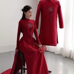 ÁO DÀI CẶP ĐỎ CHỮ HỶ HOA 3D