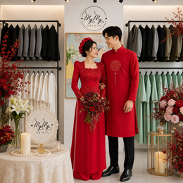 ÁO DÀI CẶP ĐỎ KẾT NƠ VÀ CHỮ HỶ