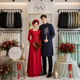 ÁO DÀI CẶP ĐỎ KẾT NƠ VÀ XANH HỶ VUÔNG